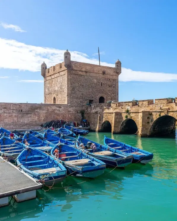 Blue fishing boats in Essaouira harbour