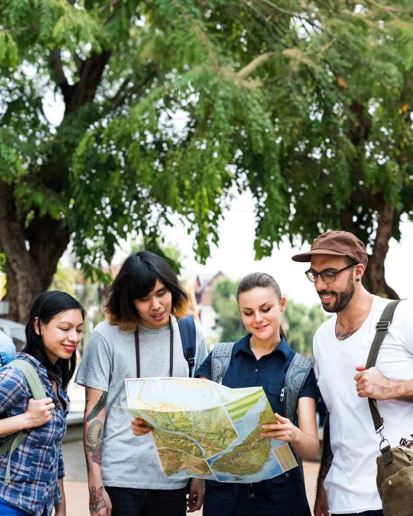 Students reading a map together