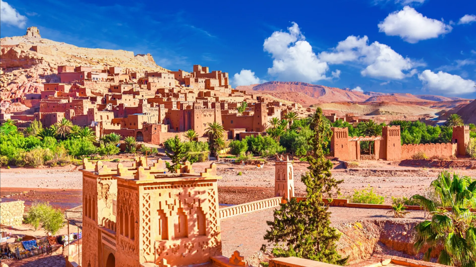 The kasbah of Ait Ben Haddou under a blue sky